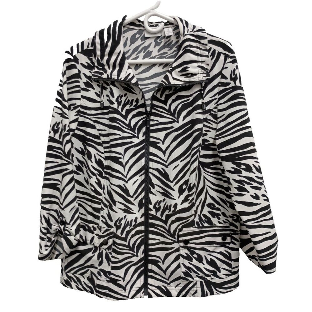Zenergy By Chicos Womens Windbreaker Jacket Large Black White Zebra Print